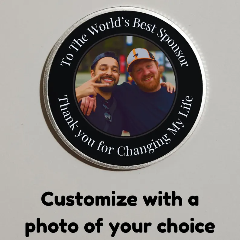 Round black photo coin with silver rim; two men portrait, plus “Customize with a photo of your choice”.