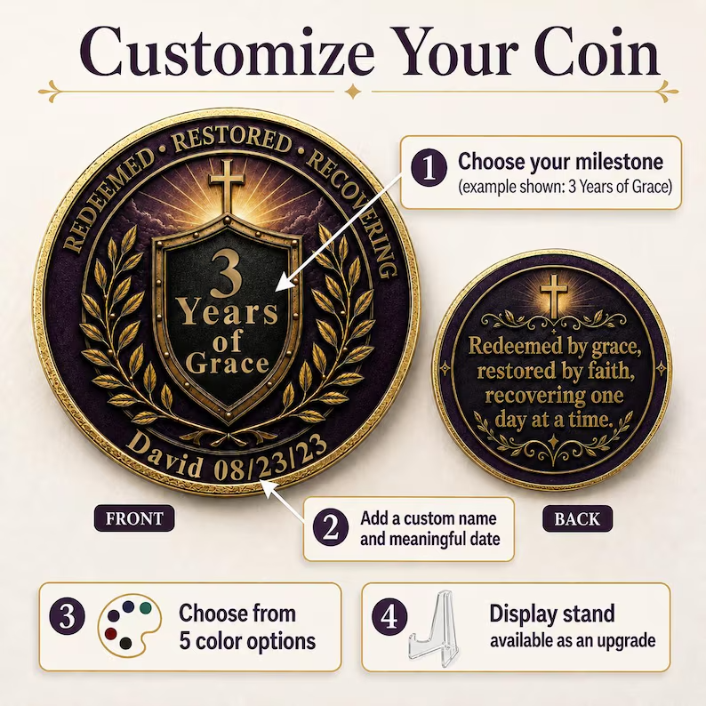 Custom Christian Recovery Coin, Years of Grace Clean and Sober Gift
