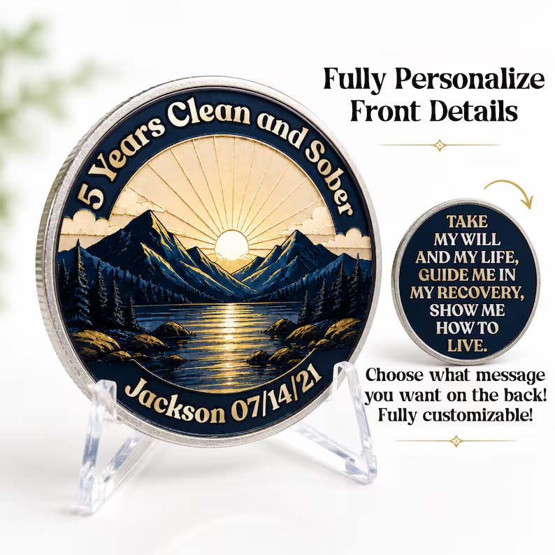 Custom Sunrise Mountain Recovery Milestone Coin ~ Silver Medallion