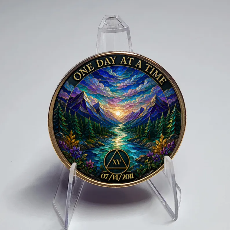 Gold Custom Recovery Medallion,  Mountain Stream Sunset