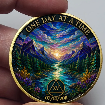 Gold Custom Recovery Medallion,  Mountain Stream Sunset