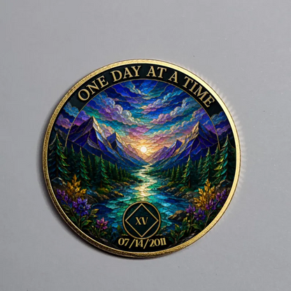 Gold Custom Recovery Medallion,  Mountain Stream Sunset