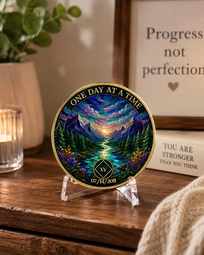 Gold Custom Recovery Medallion,  Mountain Stream Sunset