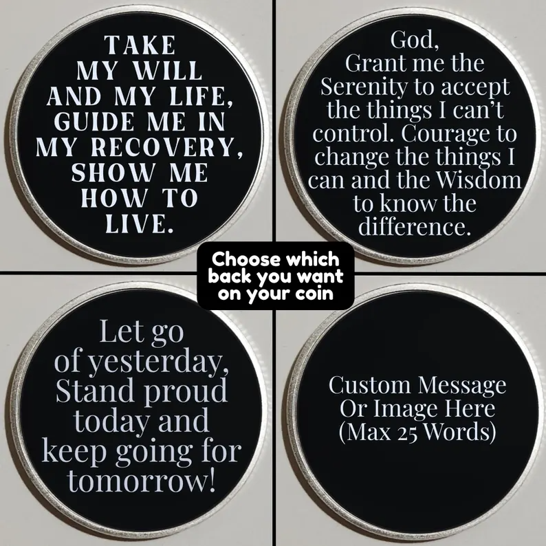 Custom photo coin options shown: multiple round black message coins with silver rims.