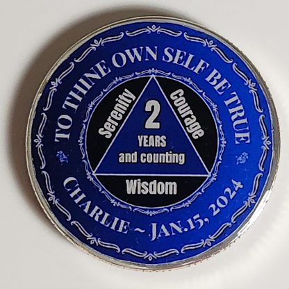 Personalized dark blue coin with triangle “2 years” and “Wisdom” inscription