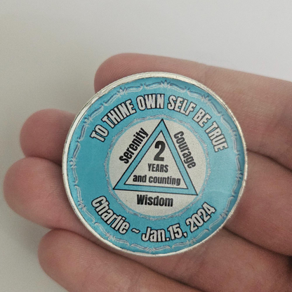 Blue personalized coin: '2 years and counting' with Wisdom and Charlie - Jan. 15, 2024