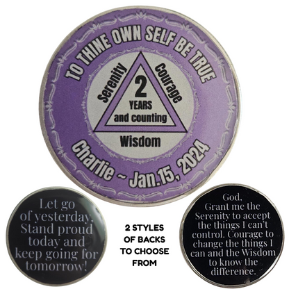 Personalized purple coin with triangle “2 years” and “Wisdom” inscription