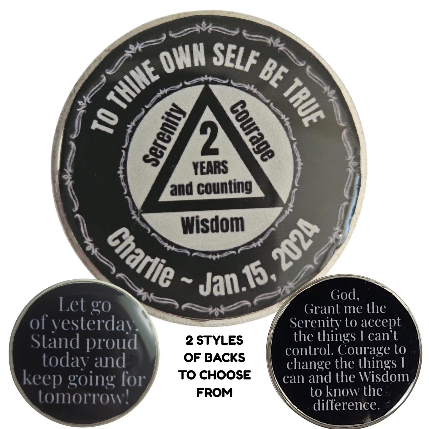 Main coin with two back options: 'Let go of yesterday...' and Serenity prayer