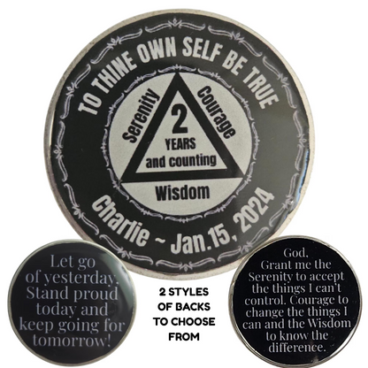Main coin with two back options: 'Let go of yesterday...' and Serenity prayer