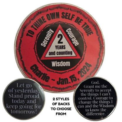 Personalized red coin with triangle “2 years and counting” and “Wisdom” text