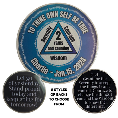 Three-coin set: blue main coin plus 'Let go...' and Serenity prayer coin backs