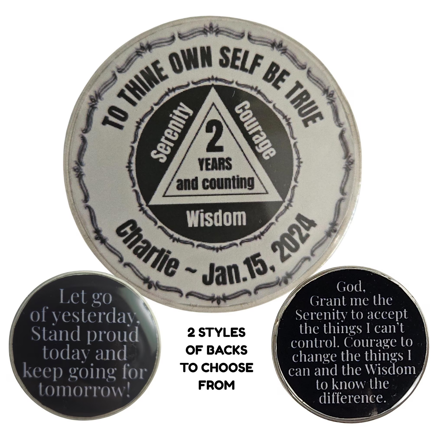 Set showing two coin backs and one main coin: 'Let go...' and Serenity prayer