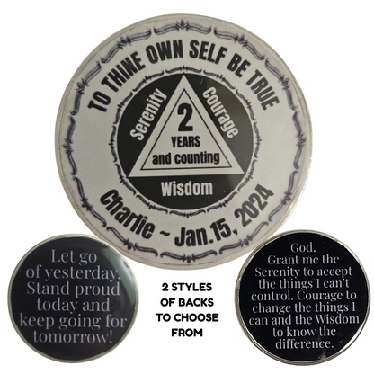 Set showing two coin backs and one main coin: 'Let go...' and Serenity prayer