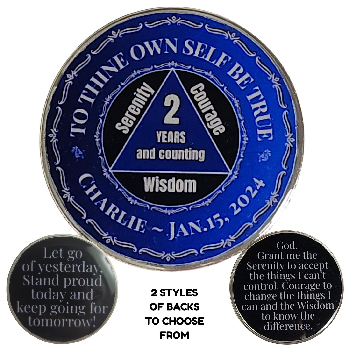 Personalized dark blue coin with triangle “2 years and counting” and “Wisdom”