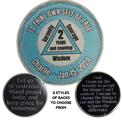 Personalized light blue coin with triangle “2 years” and “Wisdom” inscription