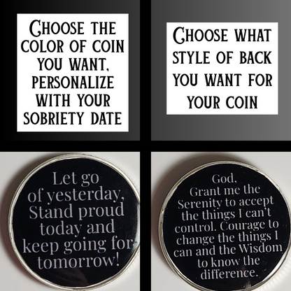 Two round coin options with quote text and panels: choose coin color and back style
