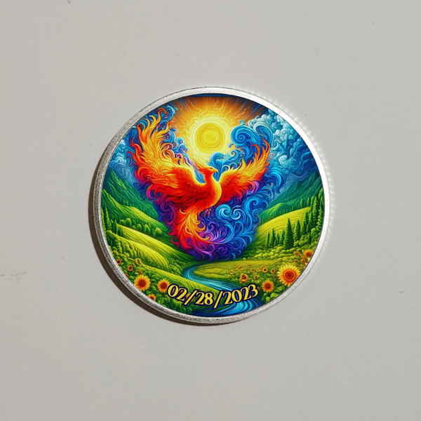 Sobriety coin with colorful phoenix clouds and 02/28/2023 date
