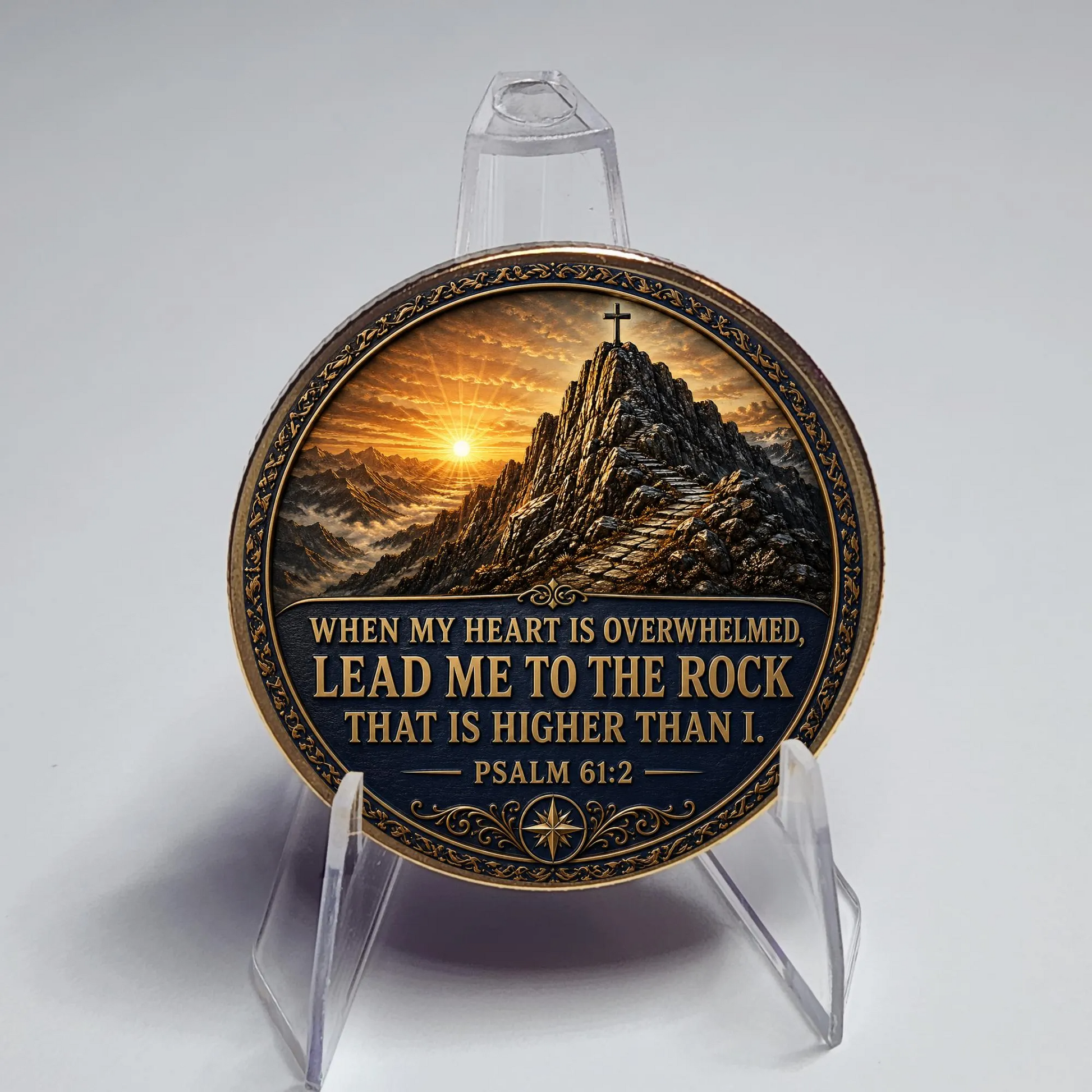 Close-up of gold-toned medallion coin displayed on clear acrylic stand