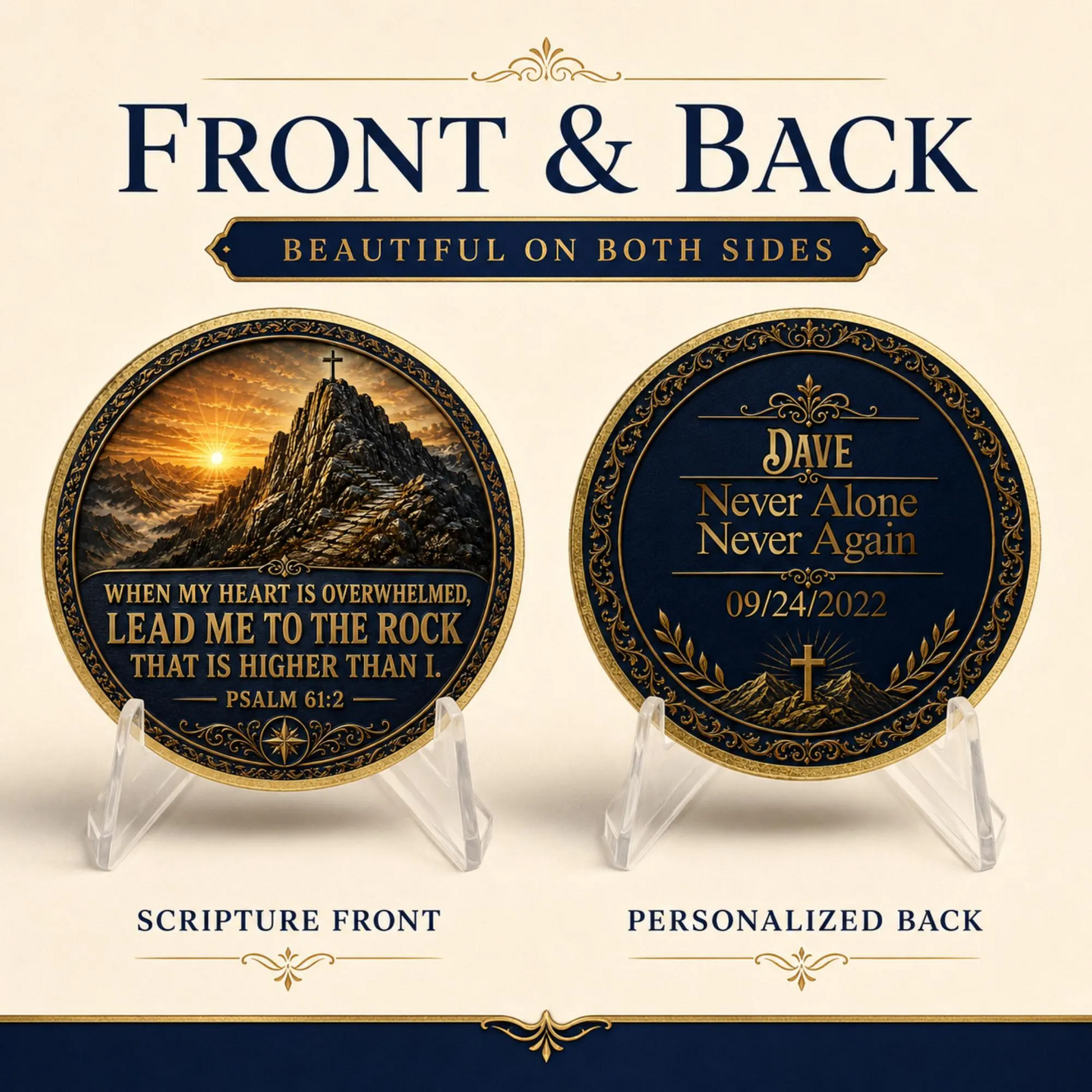 Sobriety medallion coin shown front and back: mountain scripture and personalized blue back
