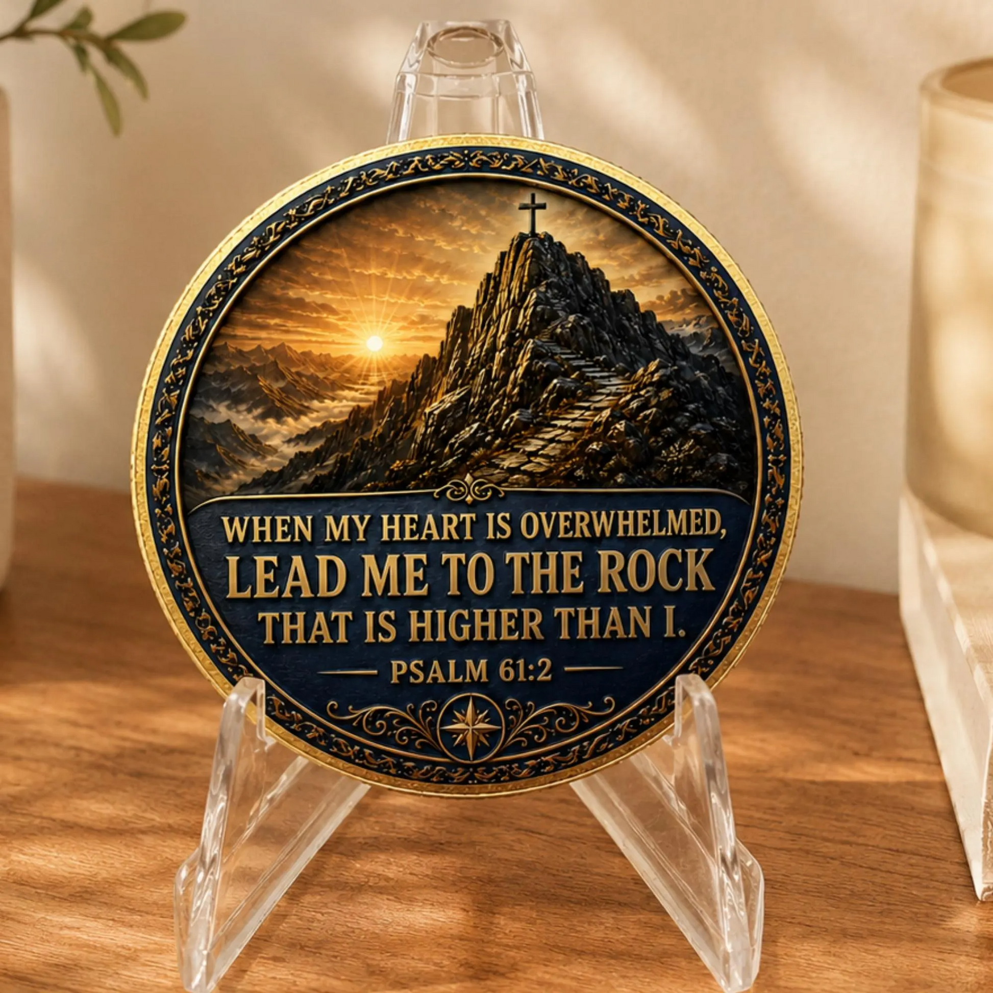 Gold-toned medallion coin with mountain and cross on clear acrylic stand