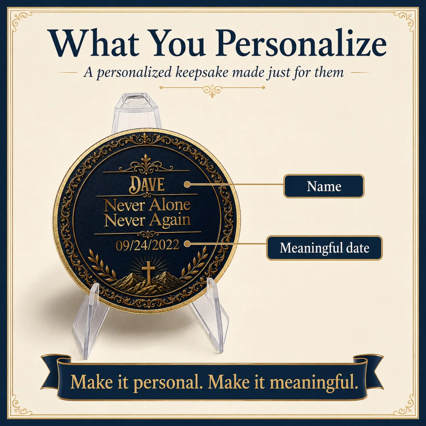 Front of sobriety medallion coin with dark blue text layout and clear acrylic stand holder