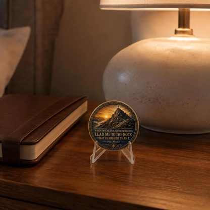 Dark blue and gold sobriety medallion coin with cross graphic, on small clear stand