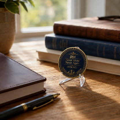 Gold-tone sobriety medallion coin with dark blue design and cross, on clear acrylic stand
