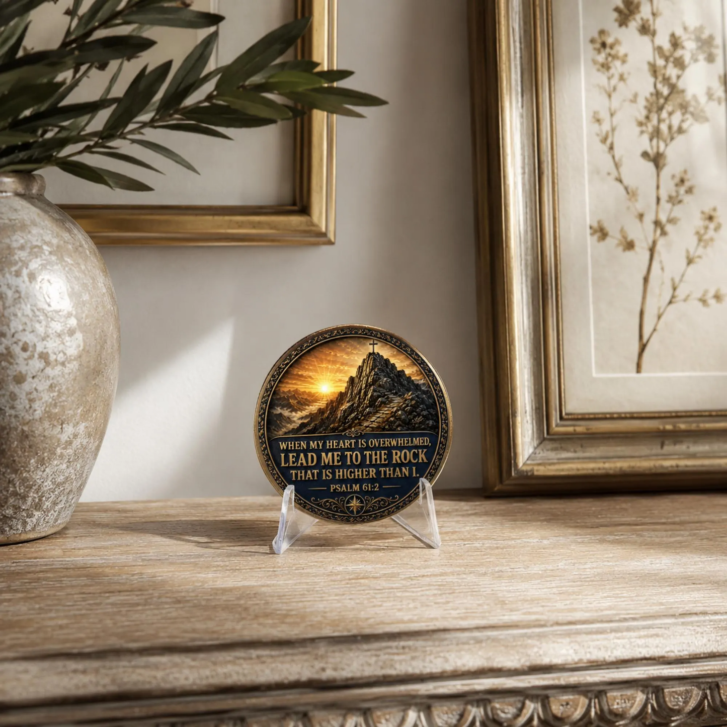 Sobriety medallion coin with mountain scripture artwork, dark gold border, on clear stand