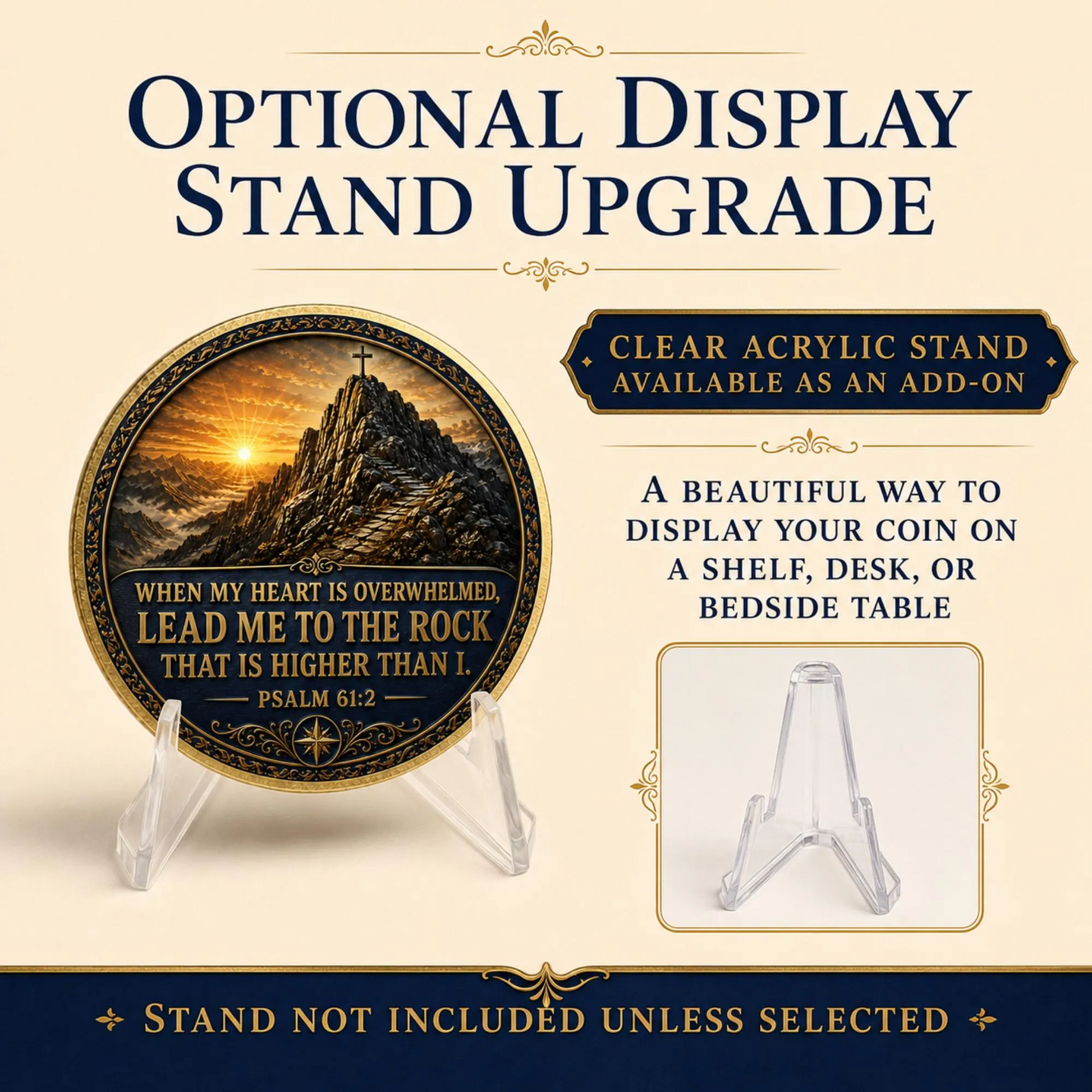 Gold-toned medallion coin with clear acrylic stand display upgrade shown