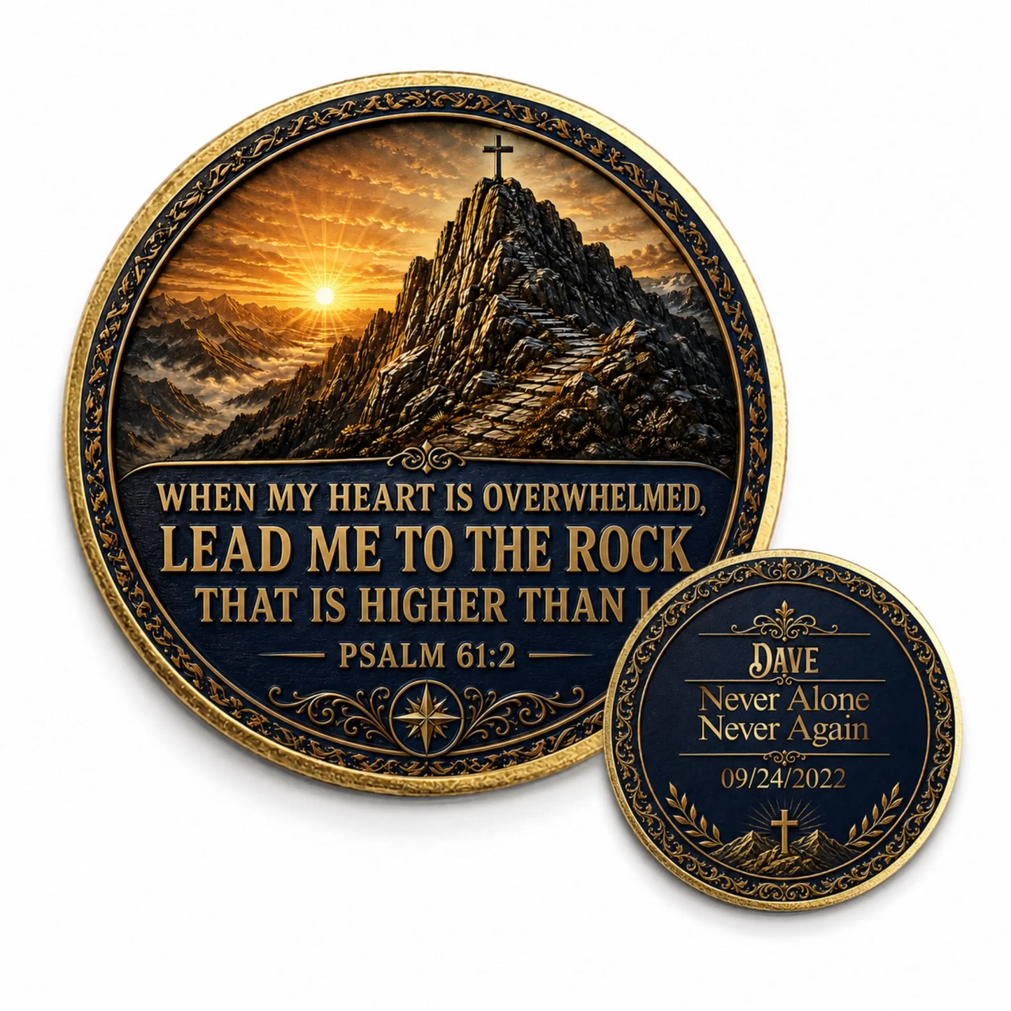 Large and small sobriety medallion coins: mountain scripture design and personalized blue back