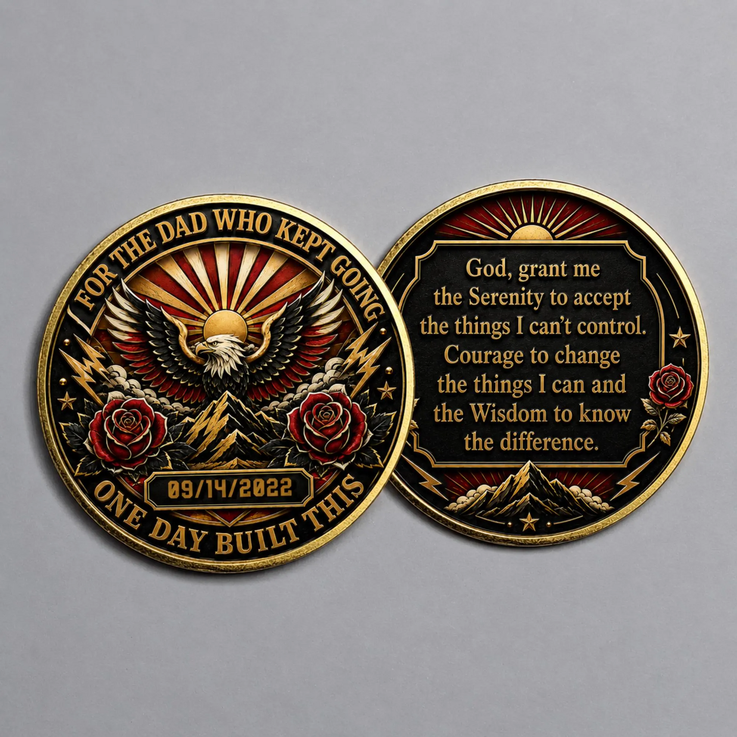 Two recovery medallion coins: eagle front and Serenity quote back, both with rose accents