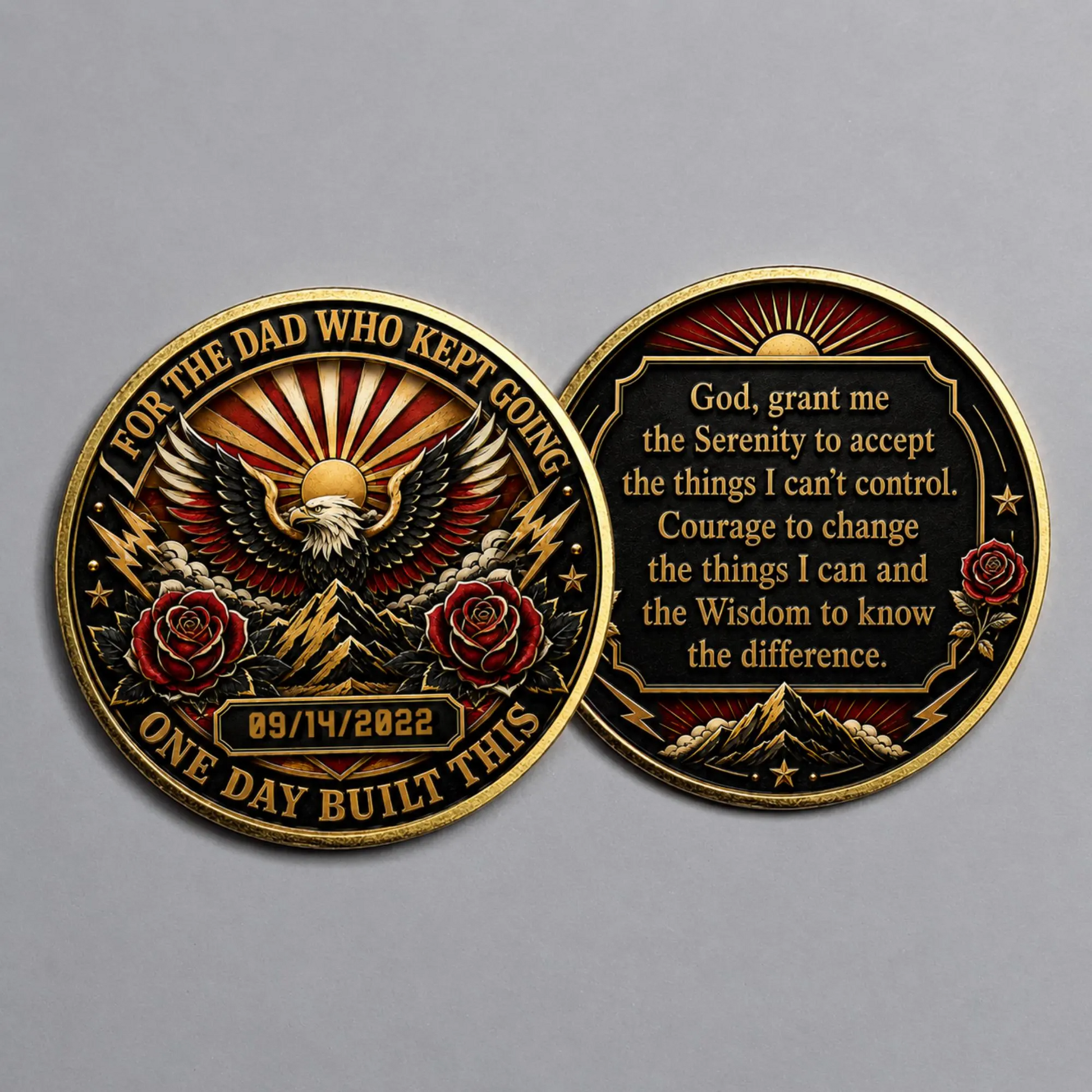 Two recovery medallion coins: eagle front and Serenity quote back, both with rose accents