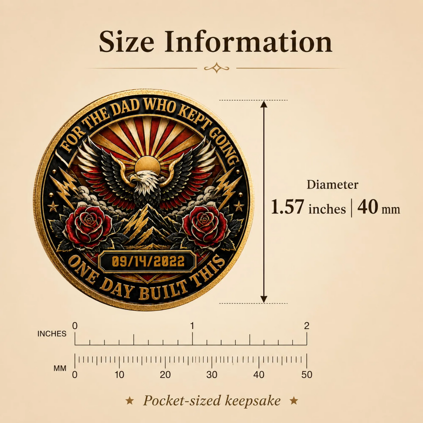 Recovery medallion coin size info with eagle design and 1.57 in (40 mm) diameter label