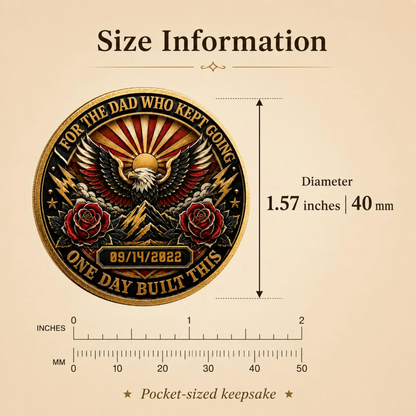 Recovery medallion coin size info with eagle design and 1.57 in (40 mm) diameter label