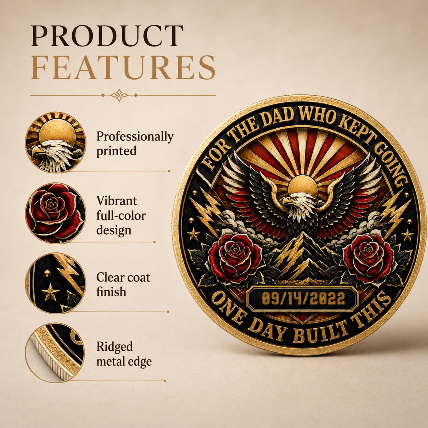 Gold recovery coin medallion with eagle and roses, product feature layout with close-up