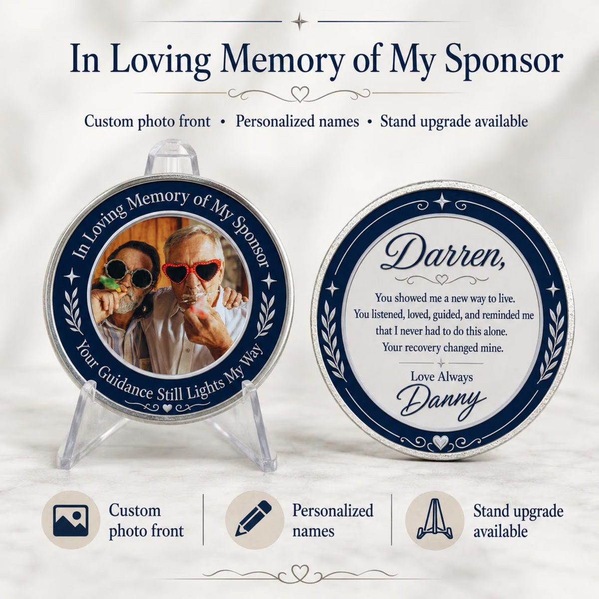 Memorial sponsor coin front and back designs shown together, on clear stands