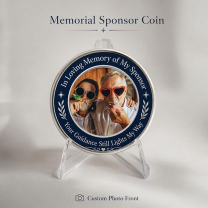Round memorial sponsor coin with two men’s photo wearing sunglasses, on clear stand
