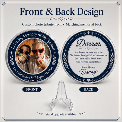 Memorial sponsor coin front and back, navy photo front with custom names back