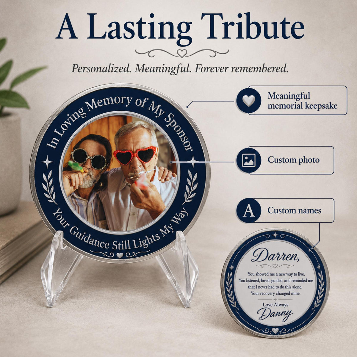 Memorial sponsor coin design with custom photo, names, and meaningful memorial message