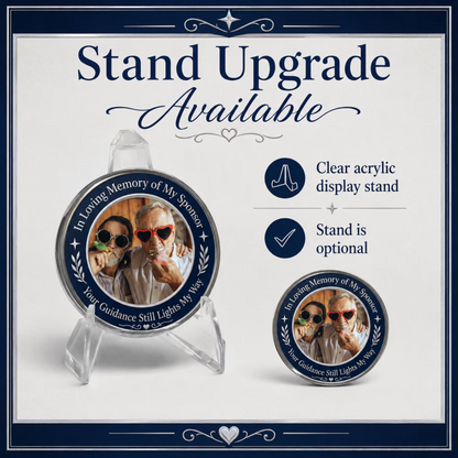 Memorial sponsor coin with clear acrylic display stand, blue wreath design and photo