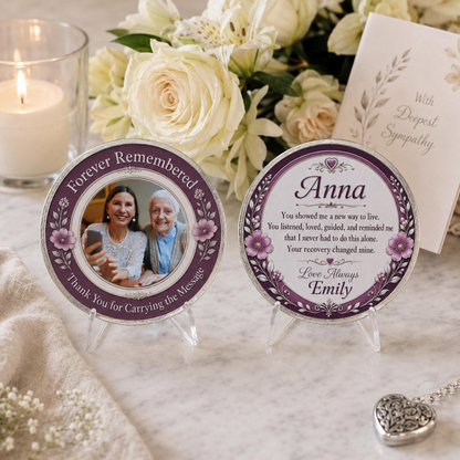 Purple memorial sponsor coin pair on clear stands, featuring two portraits and engraved text