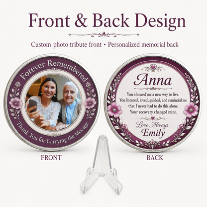 Memorial sponsor coin, front and back shown, with clear acrylic stand included