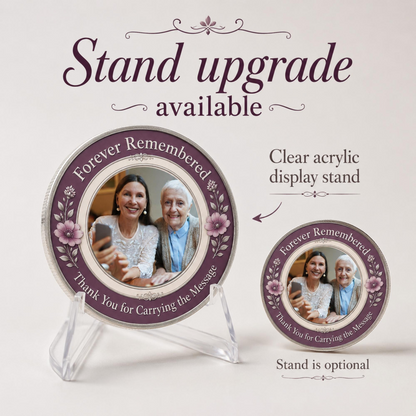 Memorial sponsor coin with matching clear acrylic stand, shown with stand-upgrade labels