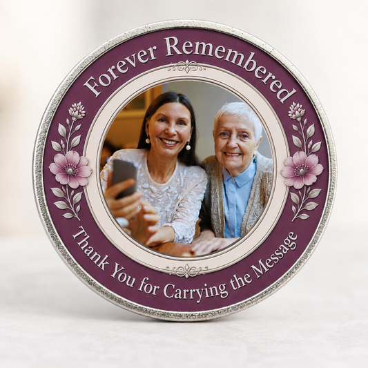 Personalized memorial sponsor coin with oval photo and purple floral wreath border