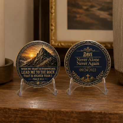 Two gold-toned medallion coins on clear acrylic stands on a wooden table
