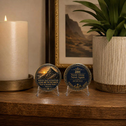 Set of two sobriety medallion coins in gold and dark blue, each on a clear acrylic stand