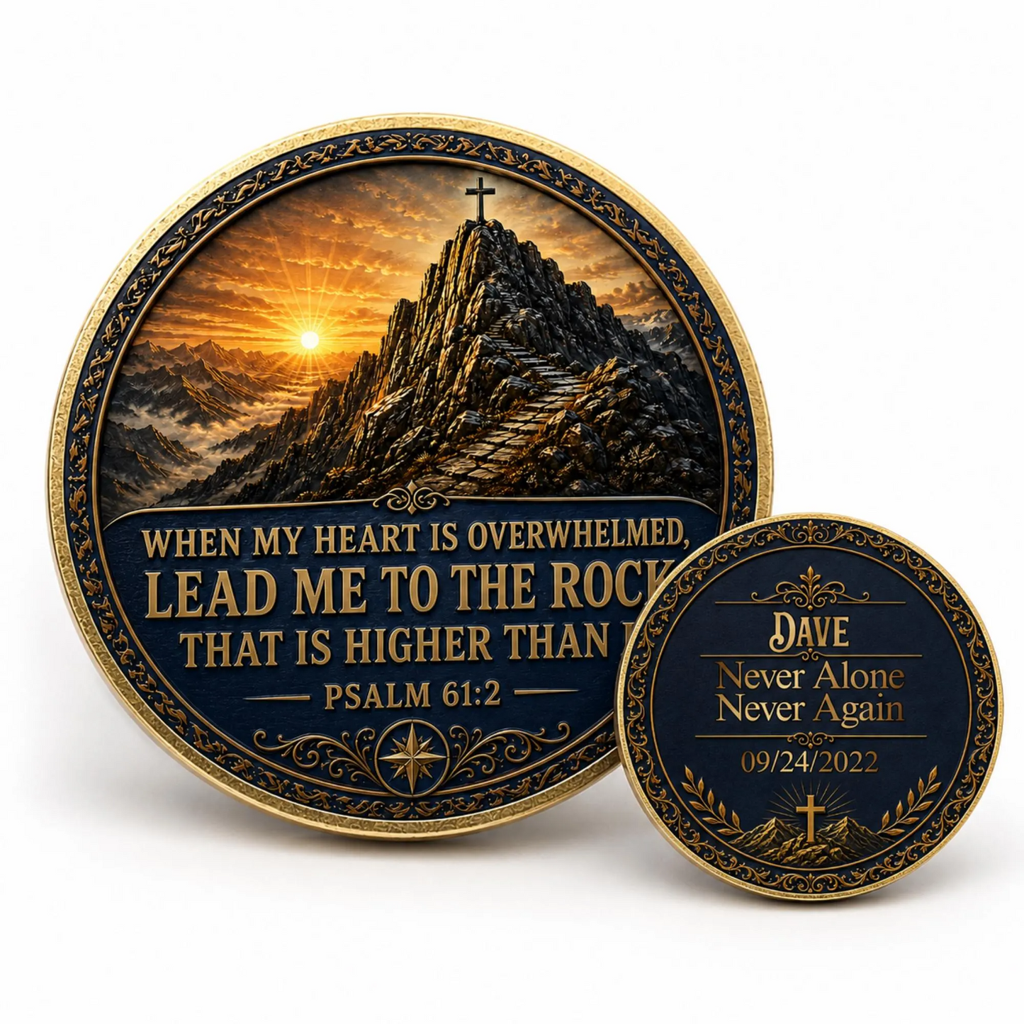 Two gold-toned medallion coins side by side, front and back designs