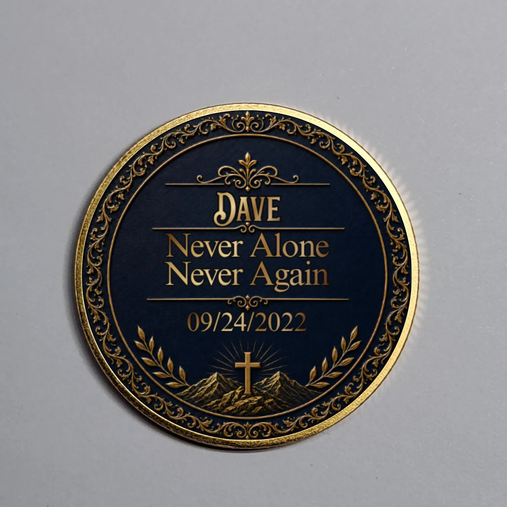 Gold-toned medallion coin with “Dave,” cross, and date text