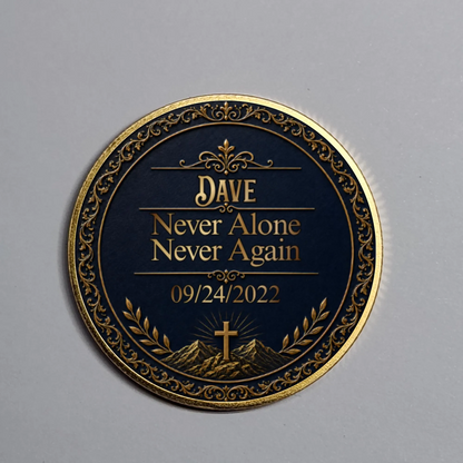 Gold-toned medallion coin with “Dave,” cross, and date text