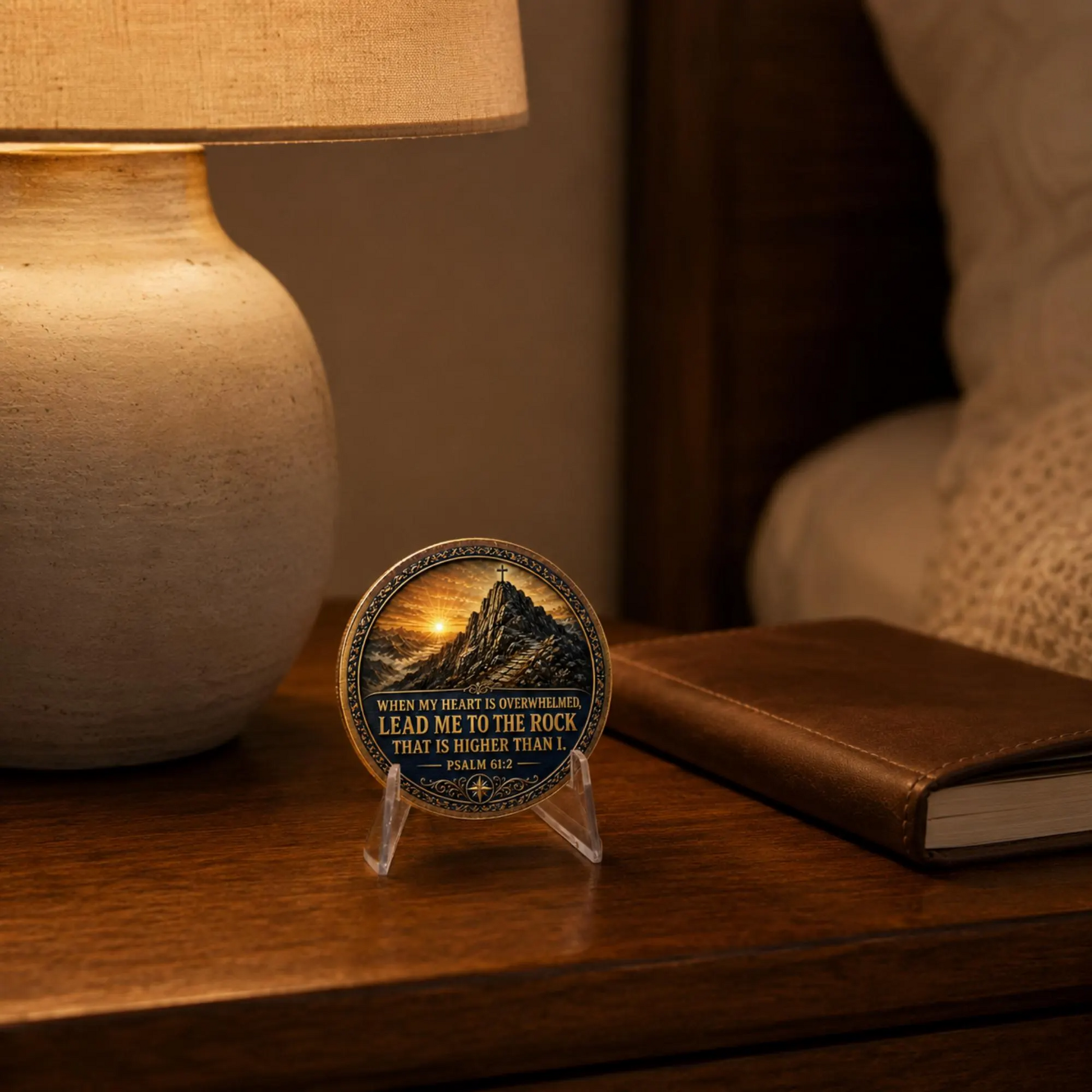 Gold-toned medallion coin on clear acrylic stand on a wooden shelf